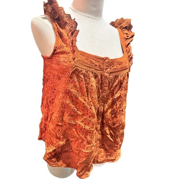 Lucky Brand Orange Eyelet Flutter Sleeve Square Neck Button Front Tank Top M - Picture 3 of 6